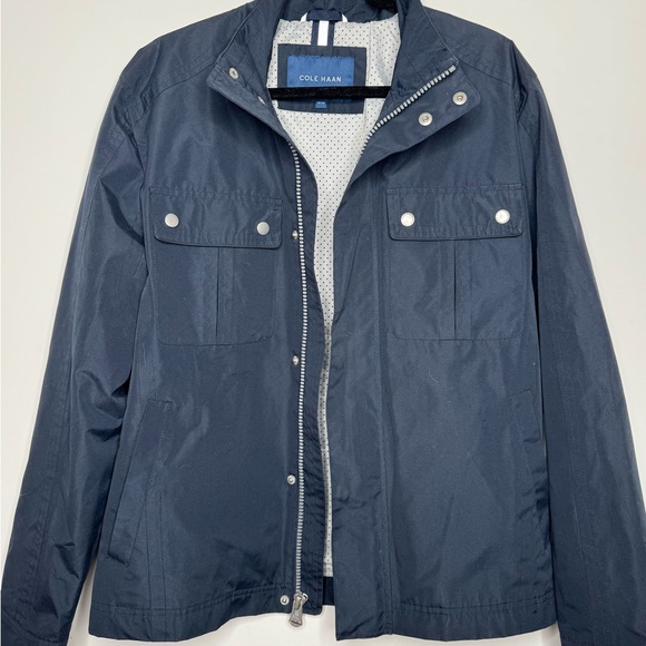 Cole Haan Trucker Jacket Medium Full Zip Navy Canvas Spring Rain $250 MSRP - Picture 2 of 6